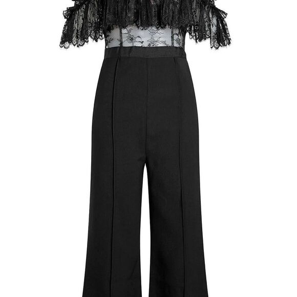 Self Portrait Fine Lace Black Cropped Wide Leg Jumpsuit. Size 2. - Picture 7 of 12